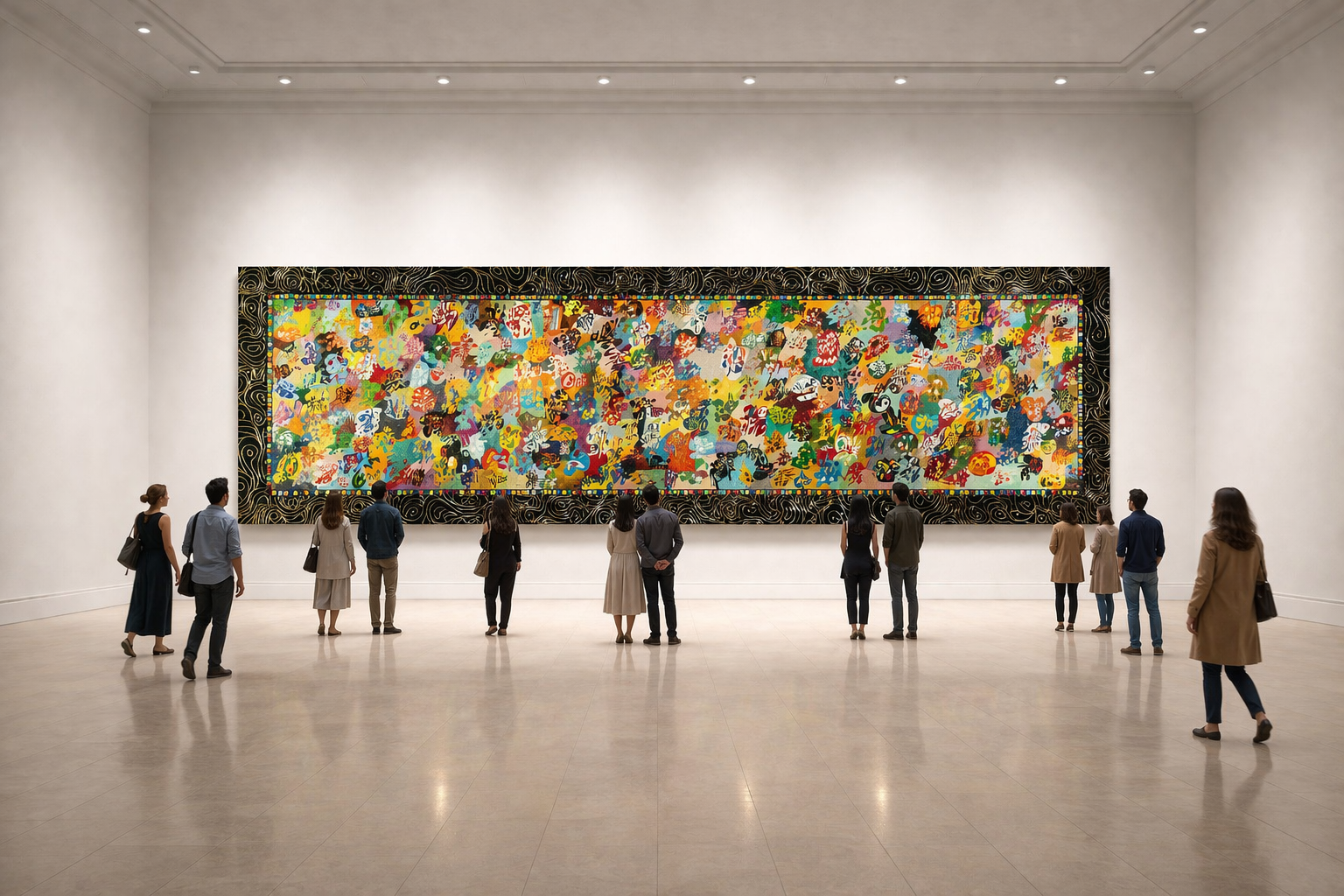 神圣DNA（2016），一幅宏大的全景抽象绘画，通过复杂的生物形态图案与鲜明的色彩结构，探索人类的统一性。